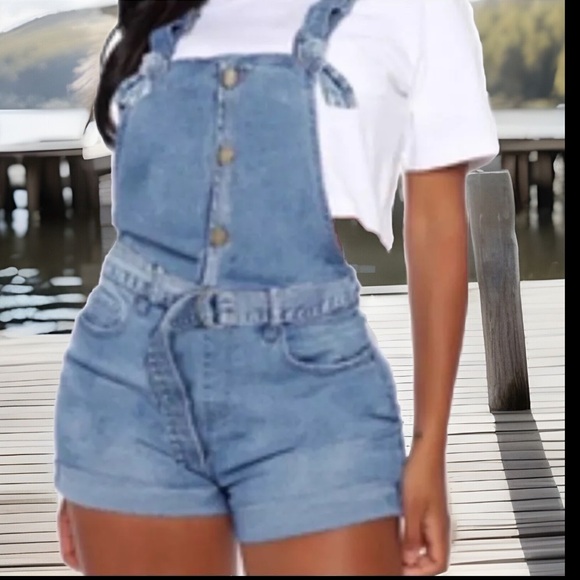 Vintage 90’s Stone Wash Style Button Bandage Design High Waist Overalls shorts - Picture 9 of 16